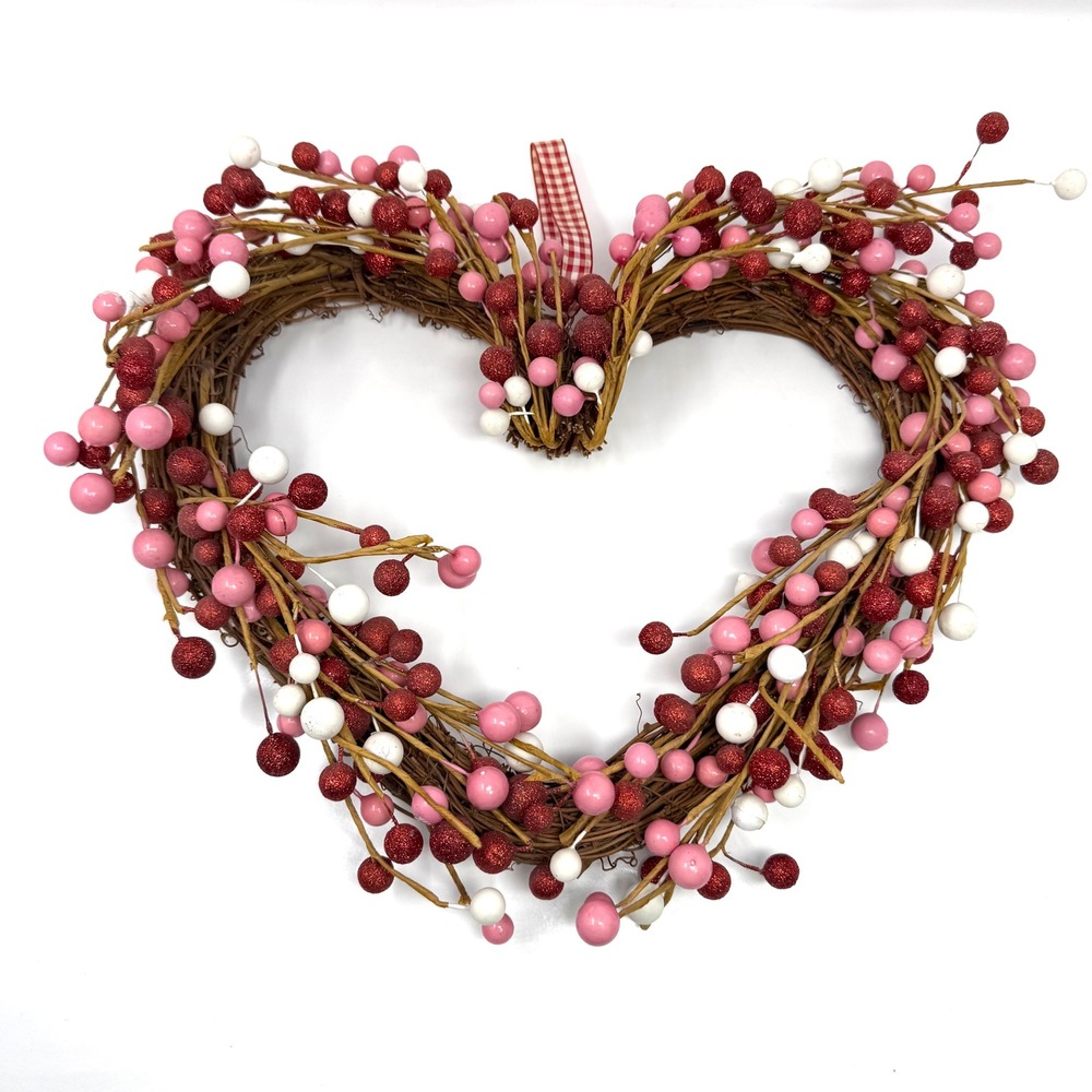 Heart Grapevine Wreath Red Glitter Pink White Berries Valentines Day 16in
